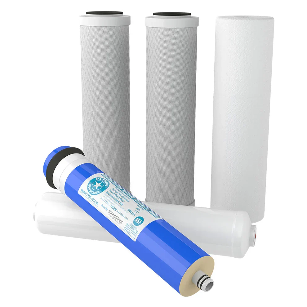 ProLine 5-stage replacement filter kit: sediment filter, two carbon blocks, RO membrane, and inline post-carbon filter