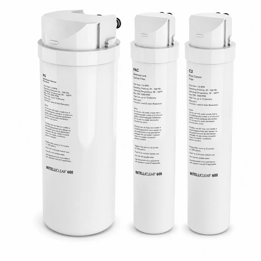 IntelliClear 600 replacement cartridges: RO membrane, PAC sediment and carbon filter, and C2 post carbon filter